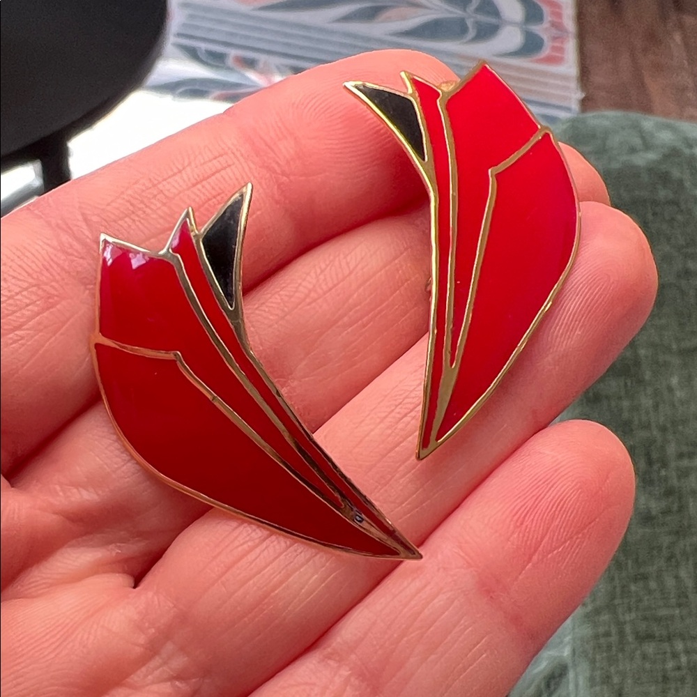 VTG 1980s Postmodernist Abstract L Bott Red Black Gold Tone Clip-on Earrings